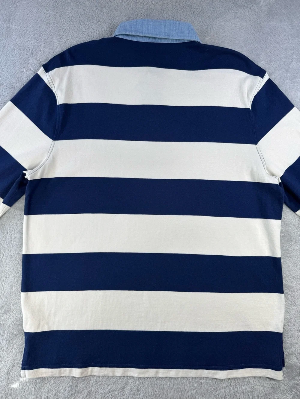J.Crew Factory Mens L Rugby Shirt Navy Ivory Stripe Chambray Collar Preppy